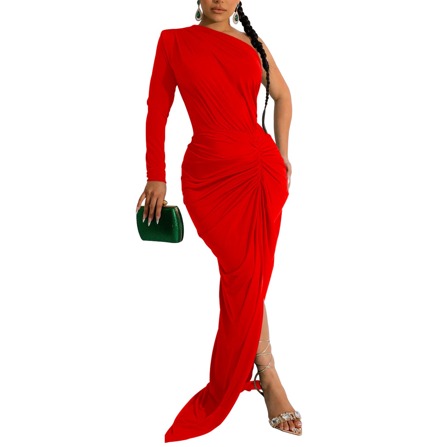 Fashion Women's Solid Color Slash Shoulder Single Long Sleeve Long Pleated Dress 18