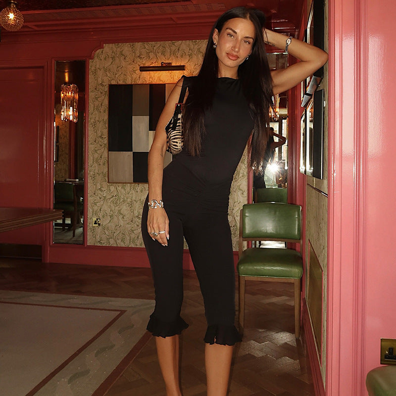 Women's Spring and Summer Ruffled V Waist Solid Color Elastic 7-point Casual Pants 16