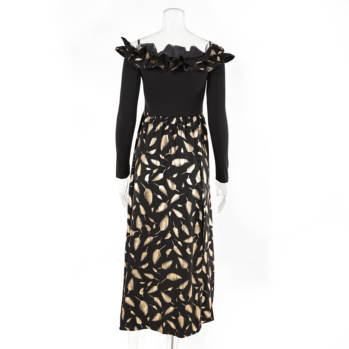 Women Sexy Off Shoulder Long Sleeve Shiny Feather Slit Dress 7