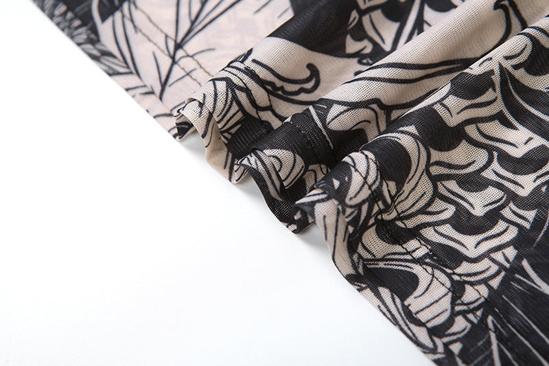 Women's Fall Fashion Style Mesh Print See-Through Turtleneck Slim Fit Dress 14