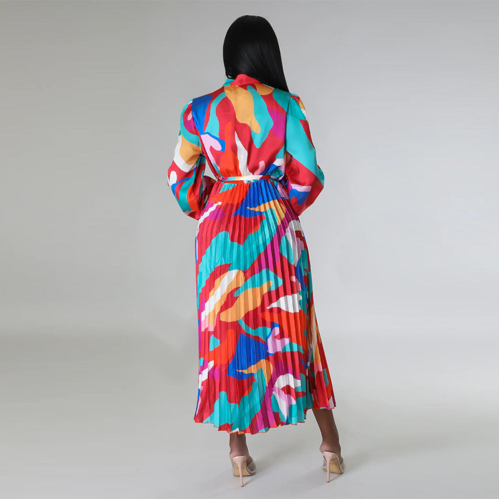 Women's Tie Long Sleeve Printed Pleated Dress 56