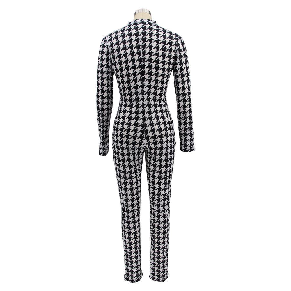 Spring Women's Plaid Print Round Neck Zipper Casual Jumpsuit 17