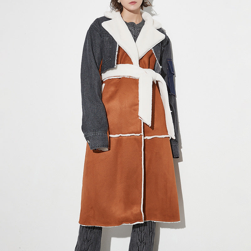 Women Autumn/Winter Turndown Collar Long Sleeve Lace-Fly Lamb Maxi Colorblock Denim Coat 9