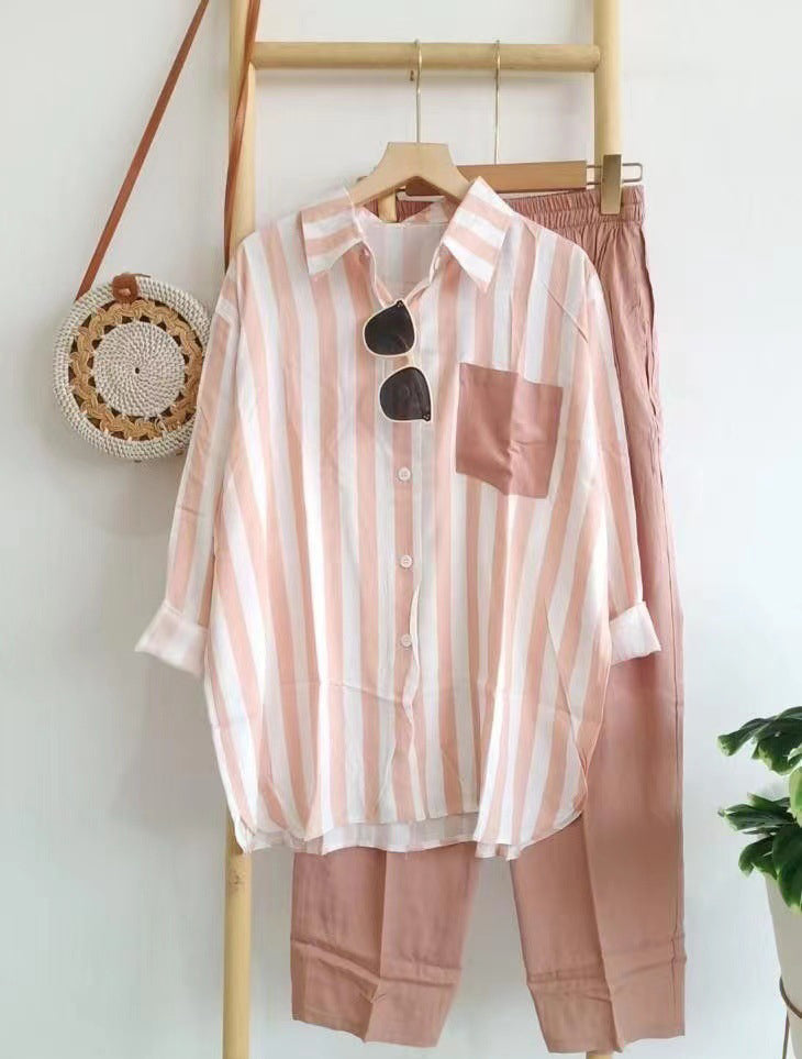 Women Striped Casual Long Sleeve Top and Long Pants Two-piece Set 7