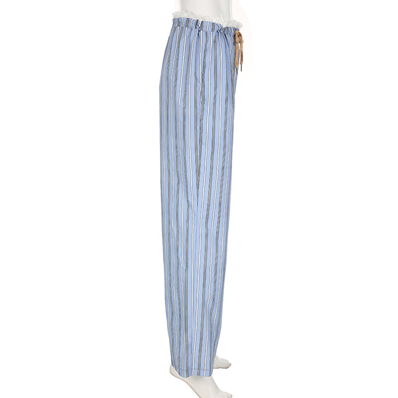 Women Summer Multi-Color Striped Lace Up Loose Wide Leg Pants 9