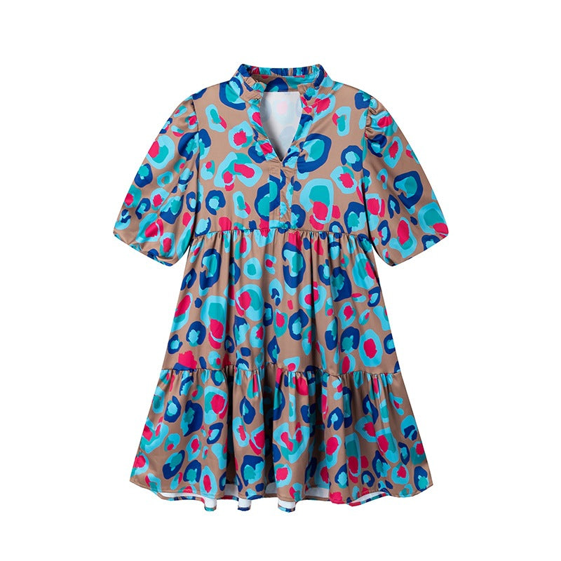 Spring/Summer Women's Print Puff Sleeves V-Neck Loose Half Sleeve Dress 5