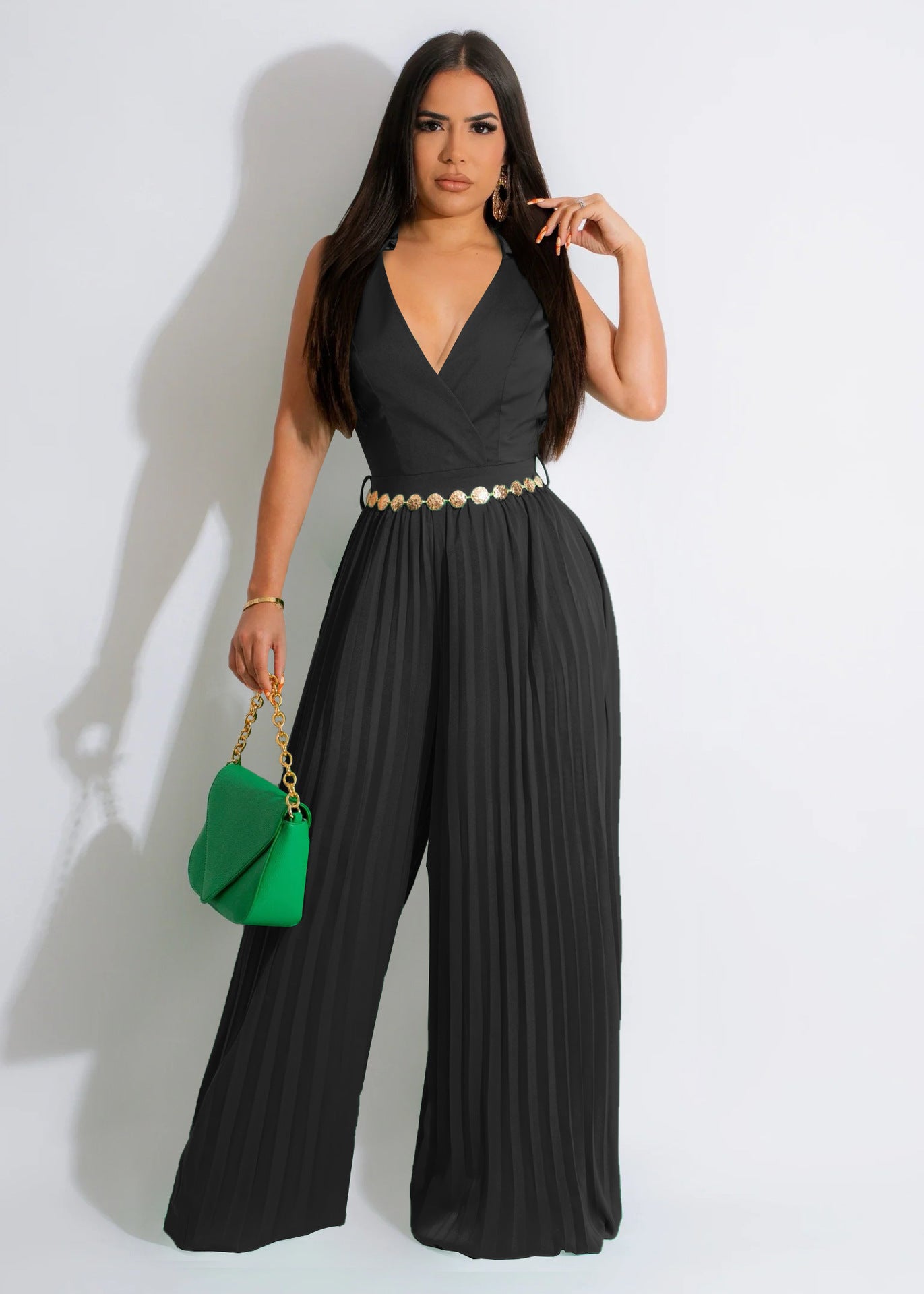 Sleeveless Chic Casual V Neck Slim Waist Pleated Wide Leg Jumpsuit