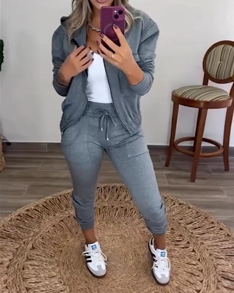 Women Solid Zipper Top+Pant Two Piece Set 4