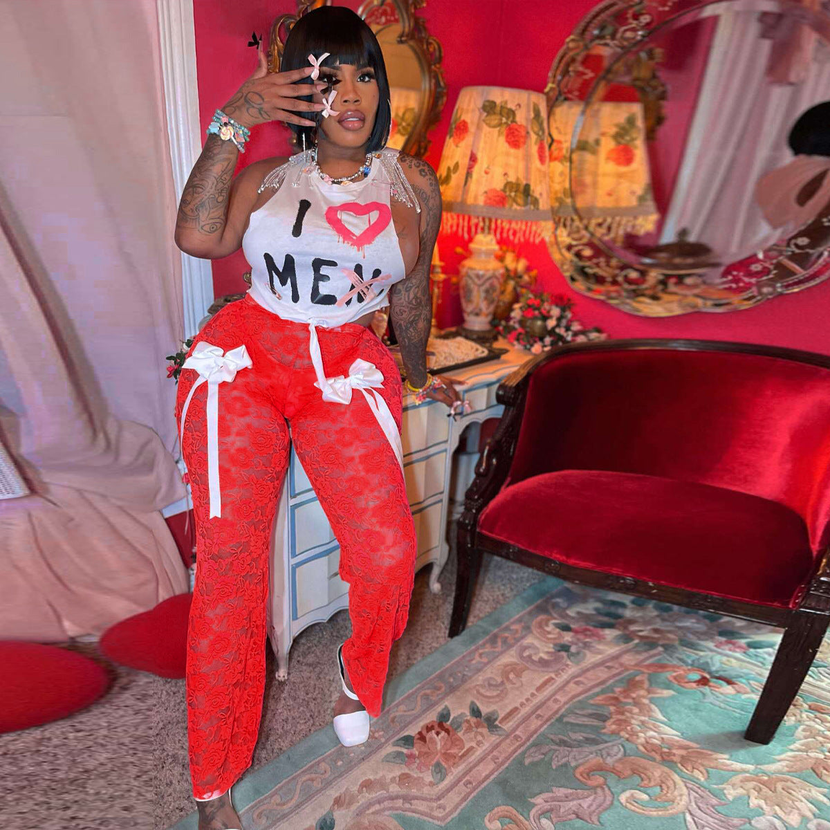 Women Sexy Lace See-Through Bow Sleeveless Top and Pants Two-piece Set 7