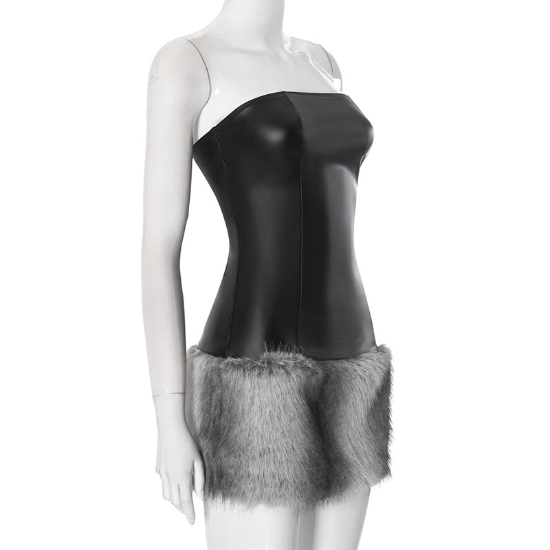 Women sexy Strapless Pu-Leather patchwork fur dress 9