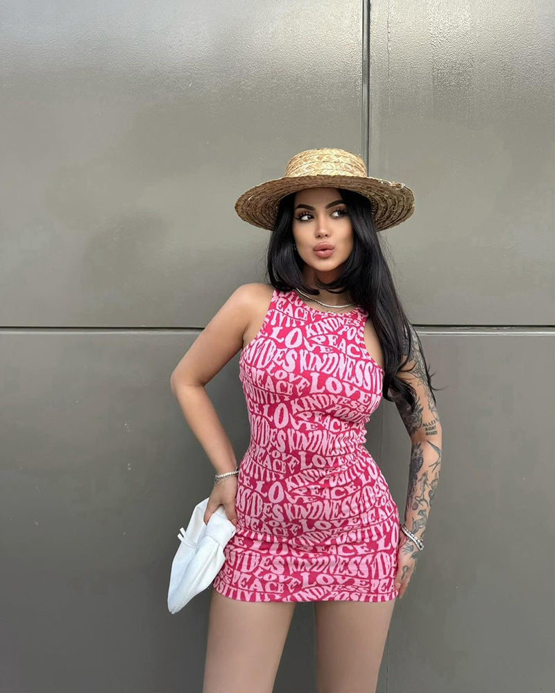 Women Sexy Summer Letter Print Round Neck Sleeveless Bodycon Dress