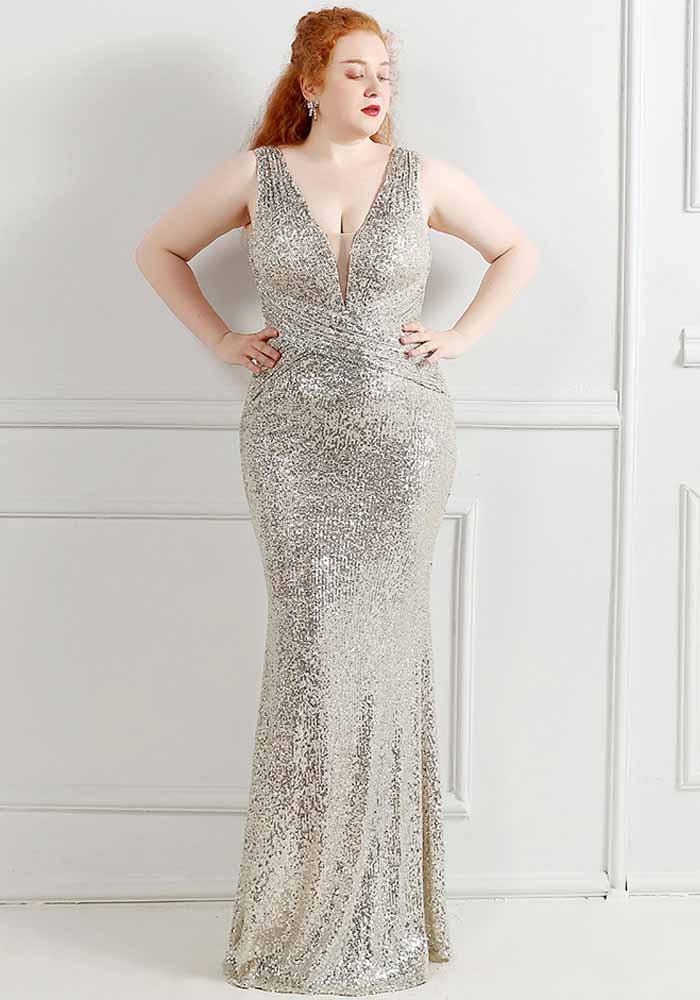 Plus Size Women Sequins Sleeveless Formal Party Evening Dress