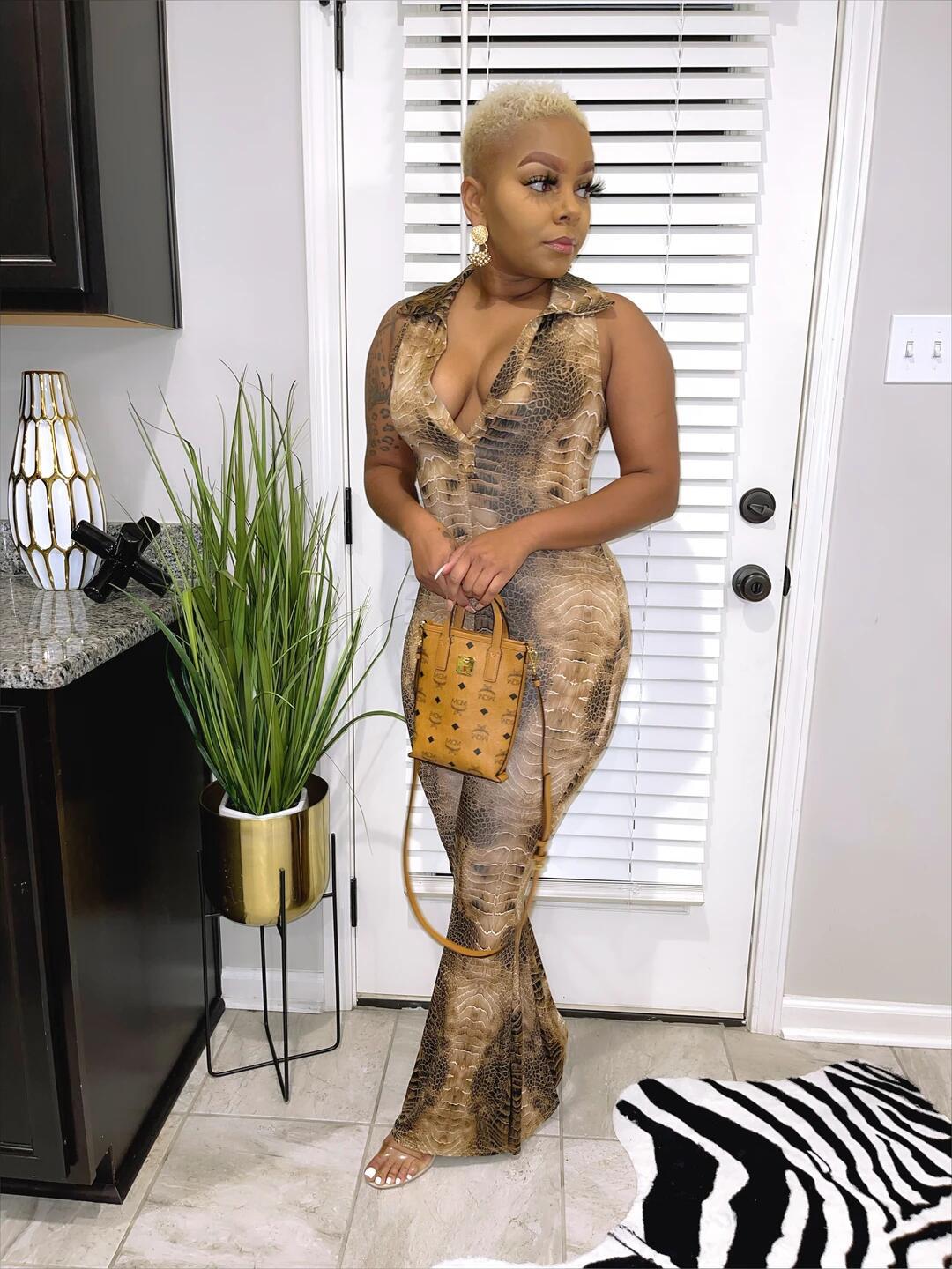 Women's Fashionable snake print V-neck tight fitting wide leg jumpsuit 4