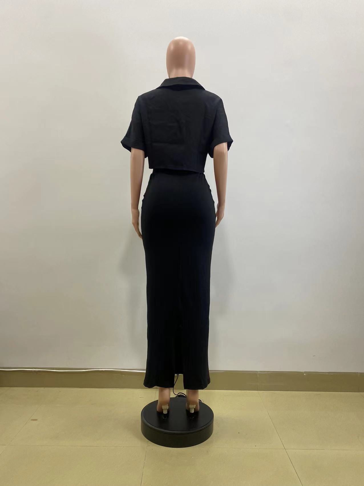 Spring Fashion Casual Black Short Sleeve Crop  Shirt Slim Fit Skirt Two Piece Set 11