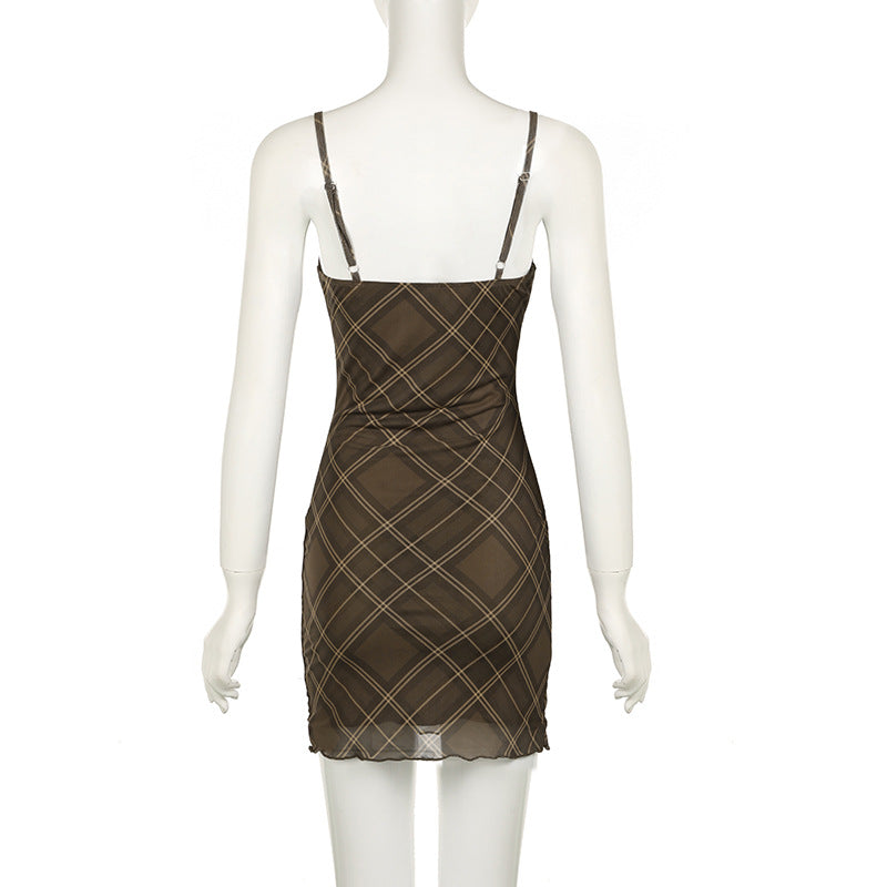 Plaid Mesh Patchwork  Strap Mini Dress 9