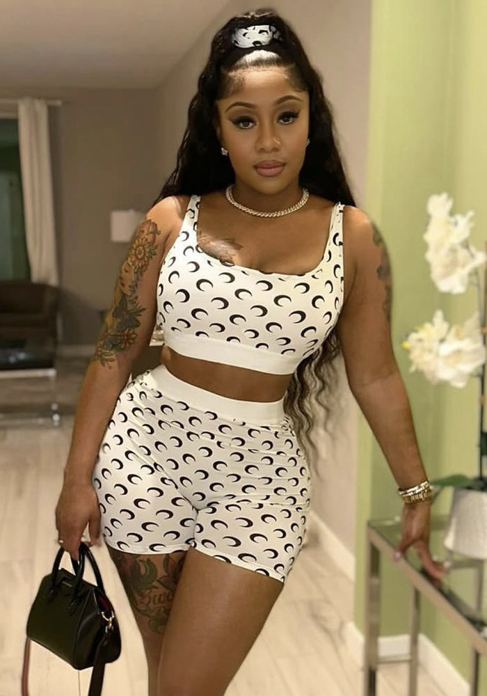 Sexy Slim Fit Vest Shorts Set Fashion Moon Print Two Piece Set
