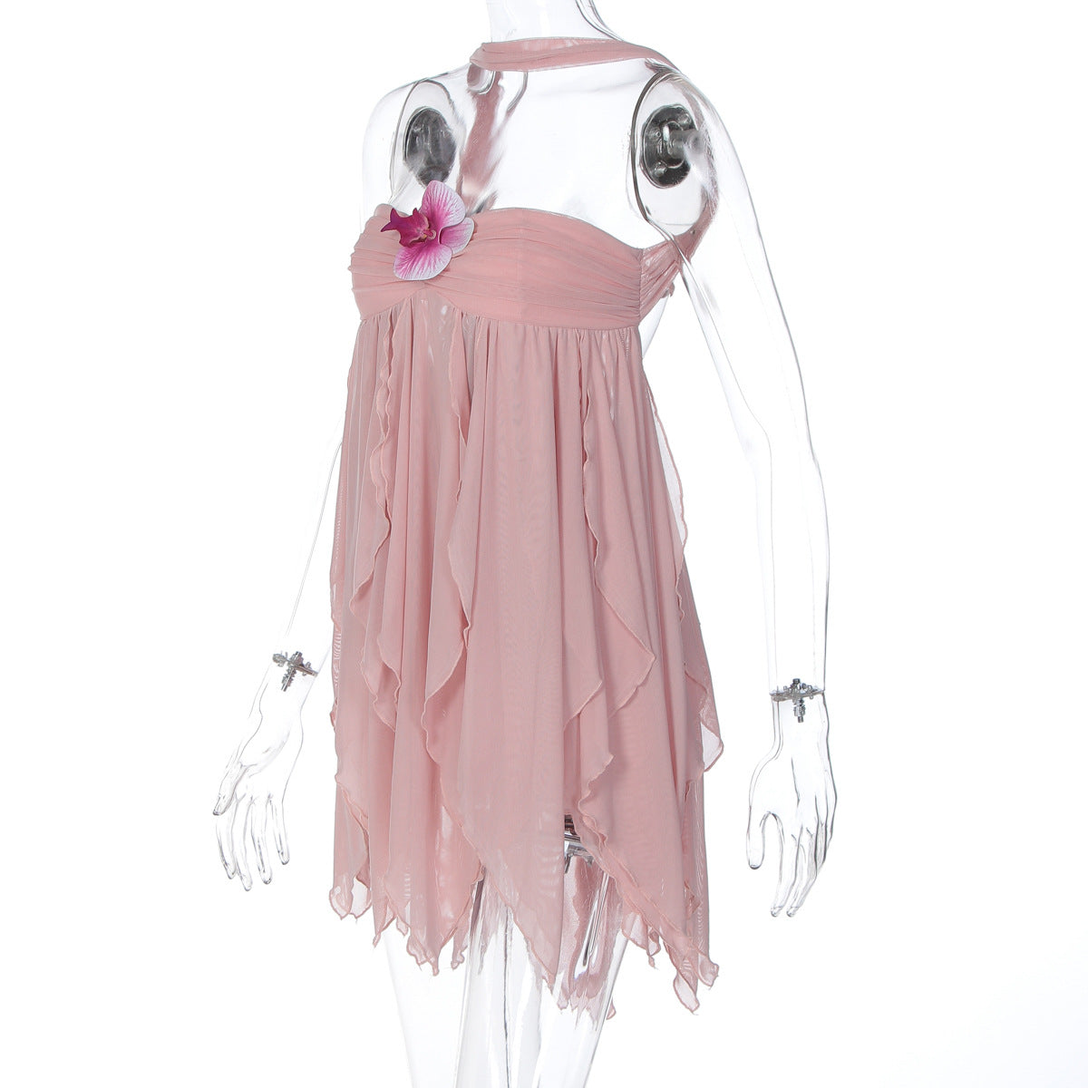 Autumn Women's Sexy Halter Neck Low Back Mesh Patchwork Floral Embellished Top 18