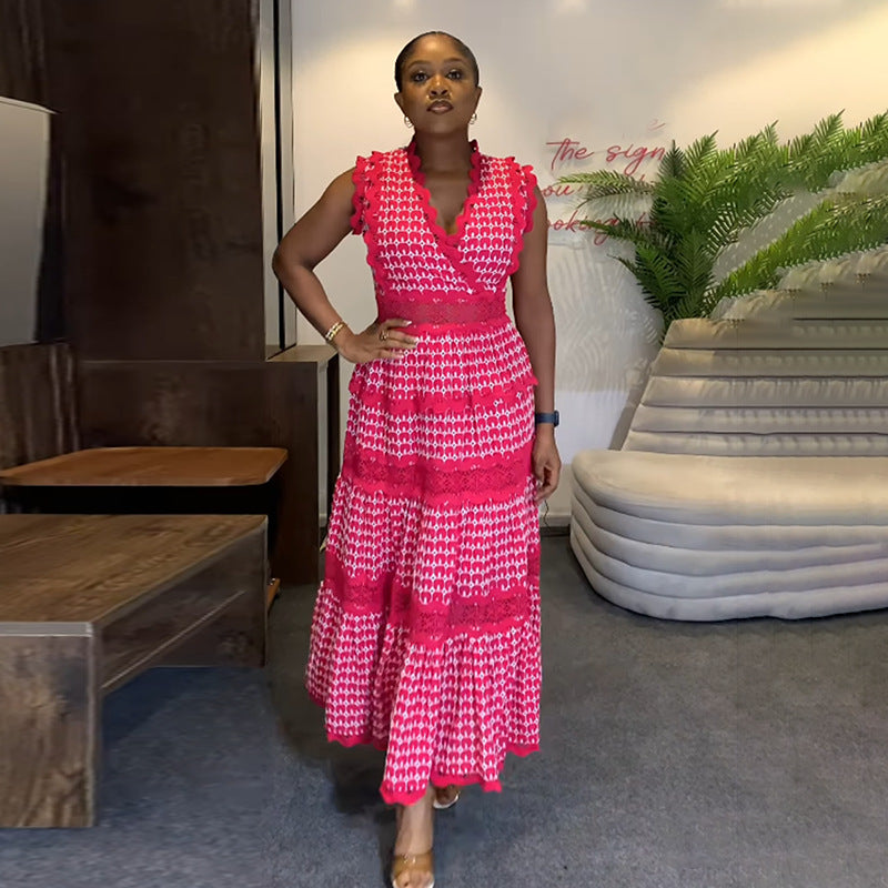 Chic V-Neck Ruffled Print Sleeveless Long Dress