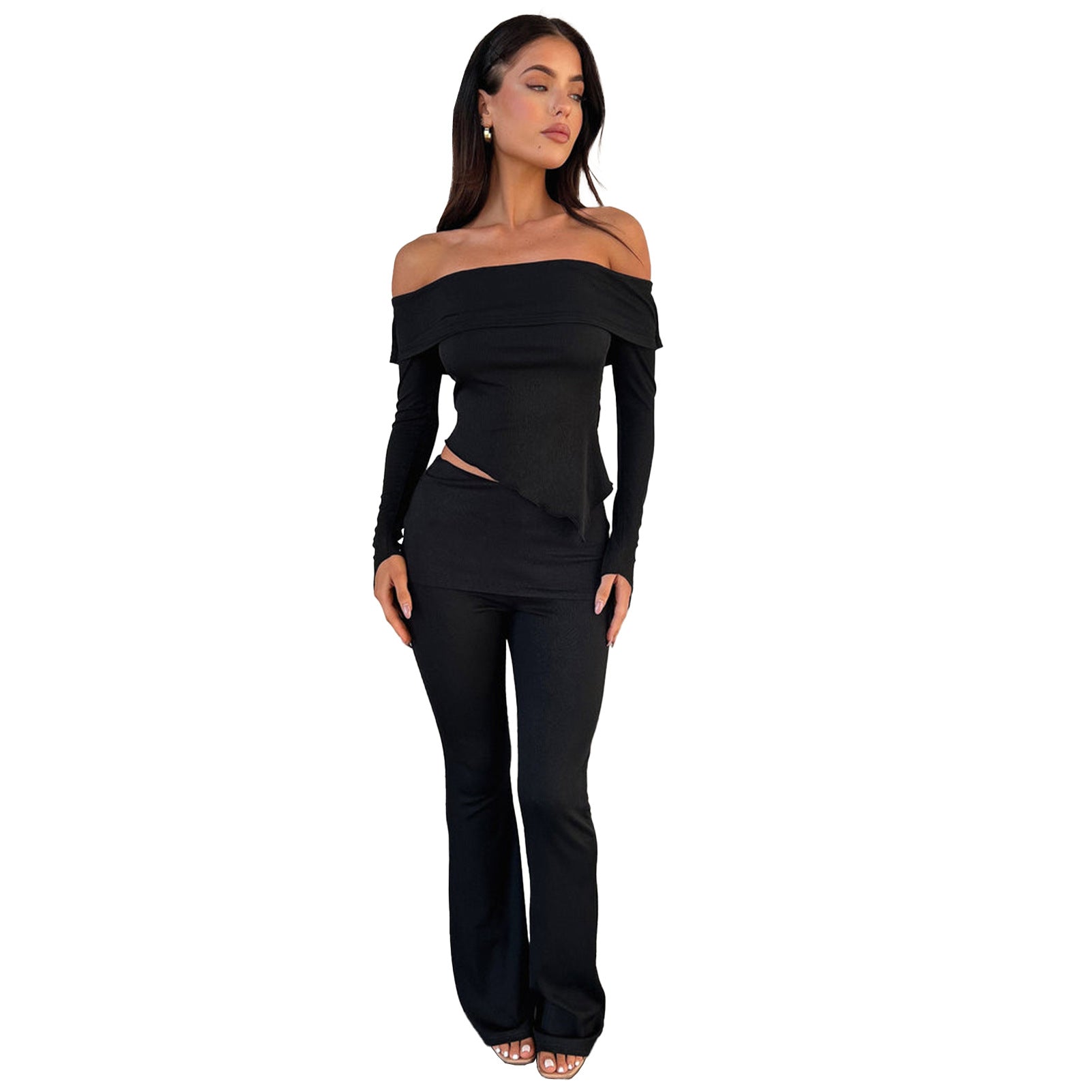 Women Irregular Off Shoulder Turndown Collar Top and Bell Bottom Pants Two-piece Set 9