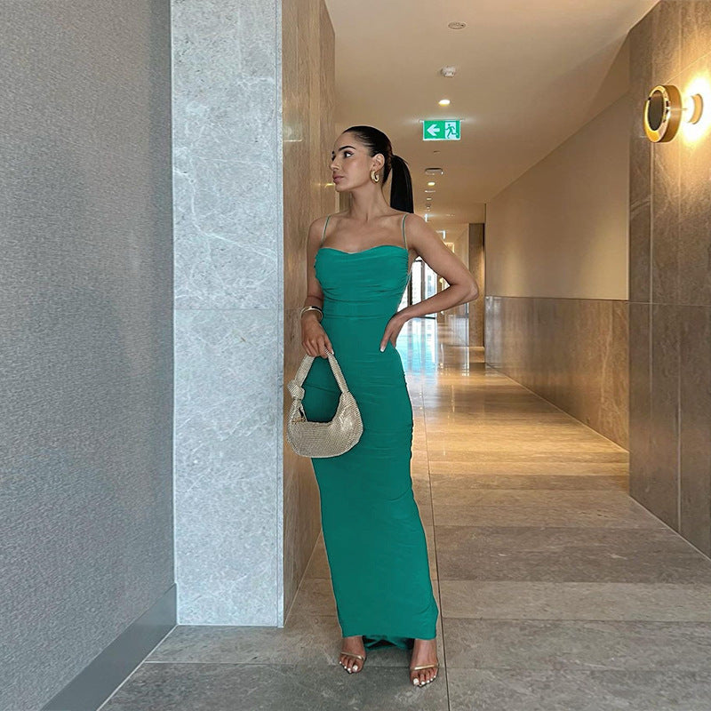 Women Backless Gathered Suspender Bodycon Casual Holidays Dress