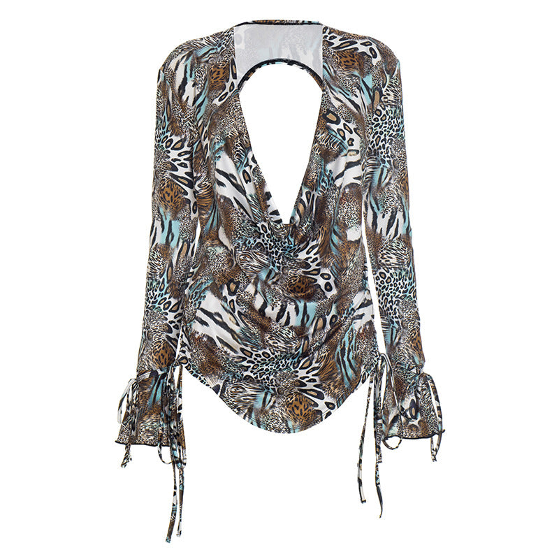 Women Fall Gradient Leopard Print Long-Sleeved Backless Top and Shorts Two-Piece Set 17