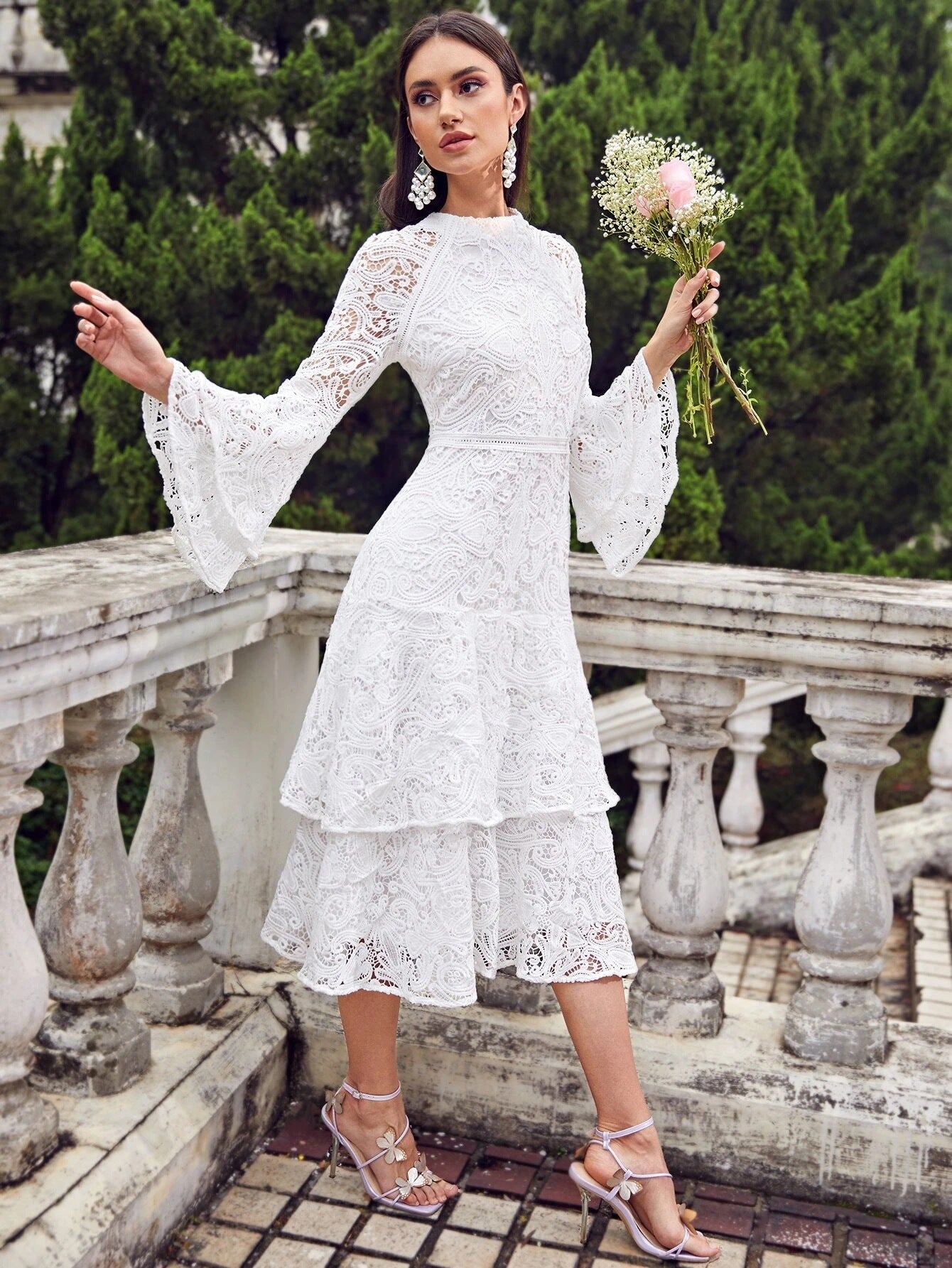 Bell-Bottom Sleeve Round Neck Multi-Layered Ruffled Lace Dress for Women 6