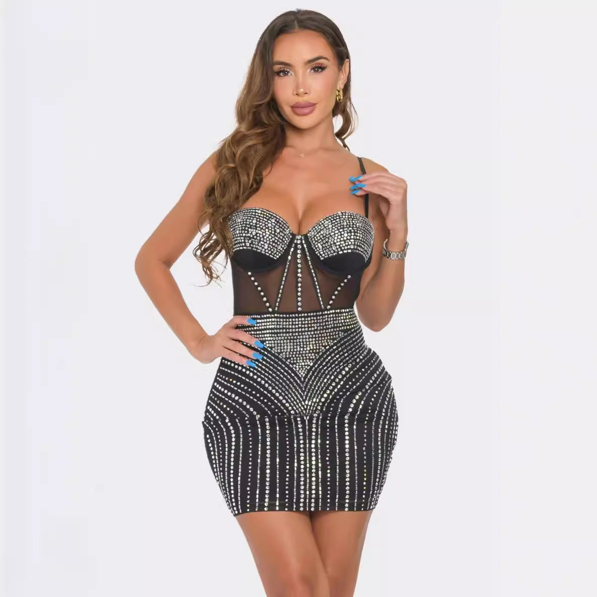 Sexy beaded see-through strap bodycon dress 3