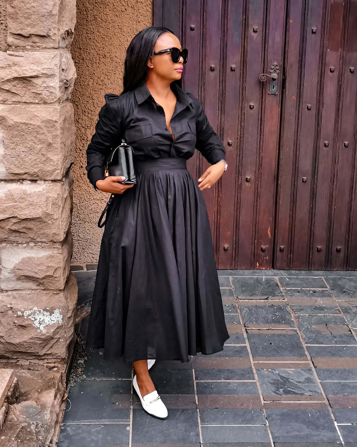 Women Long Sleeve Turndown Collar African Elegant Black Dress