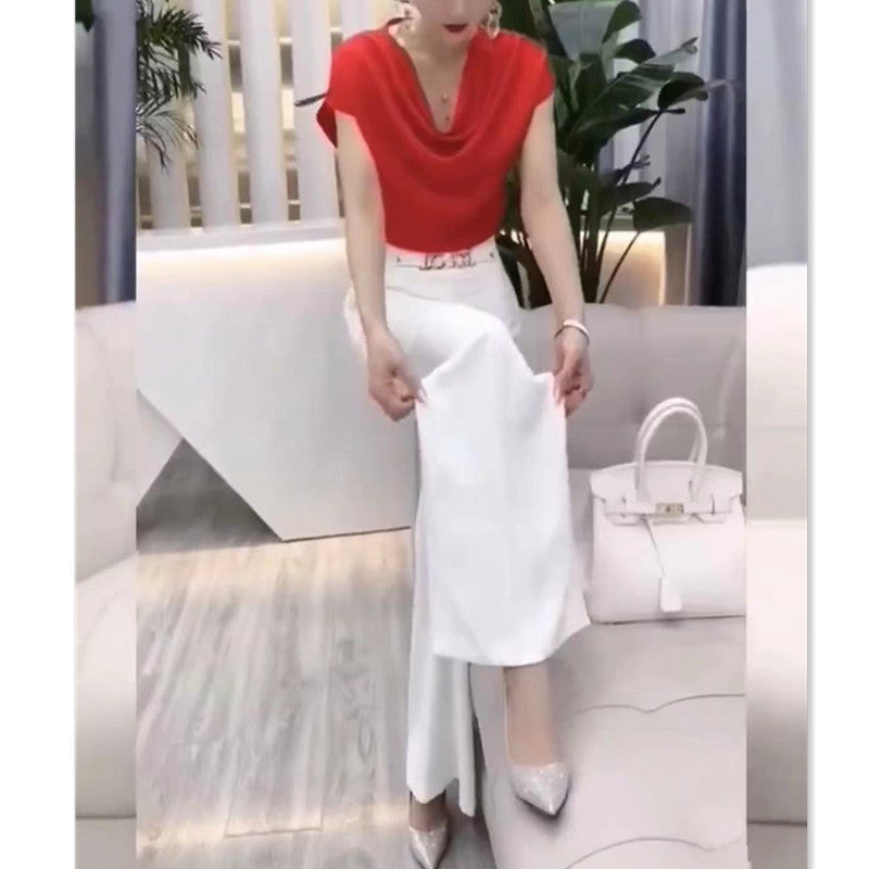 Fashion Suit Pile Collar Slim Fit Small Shirt + Wide Leg Pants Set 20