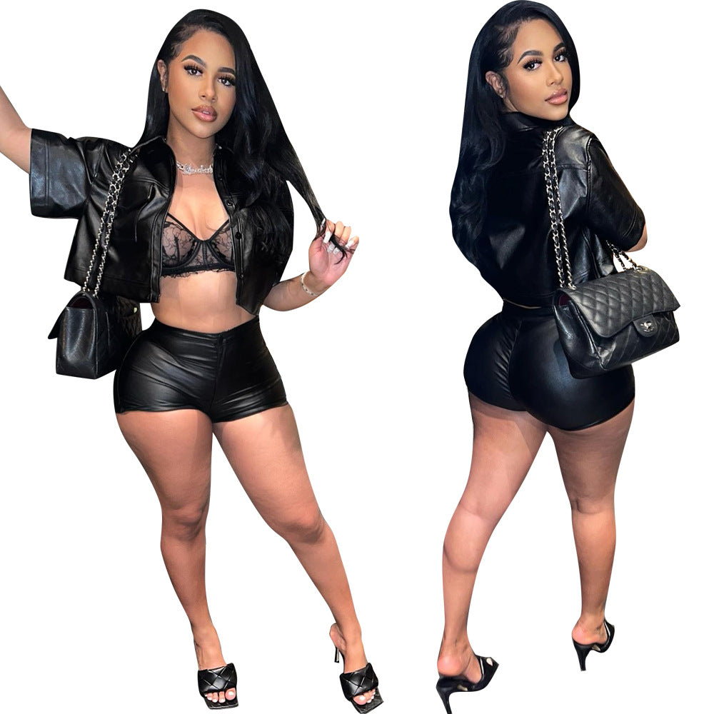 Women'S Summer Pu Leather Patchwork Button Tight Fitting Shirt Shorts Two-Piece Set 9