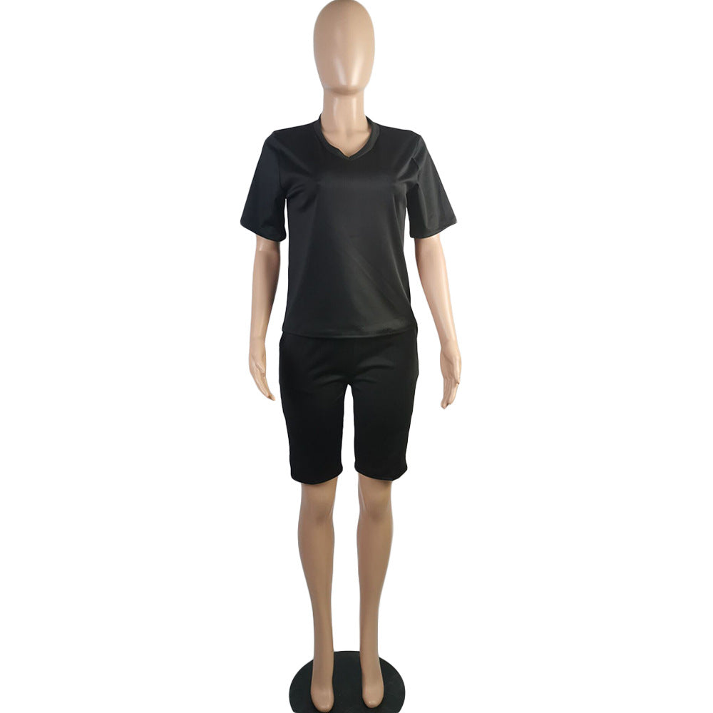 Women Clothing Solid V-Neck Tshirt+Pocket Shorts Two-Piece Set 18
