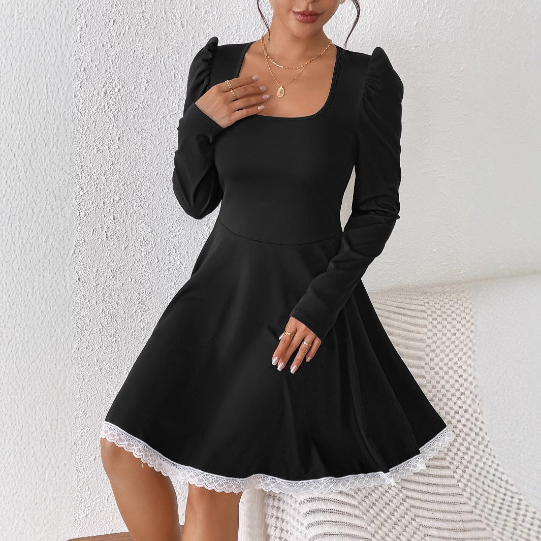 Chic Square Collar Long Sleeve Women Lace Patchwork Slim Waist A-Line Dress 5