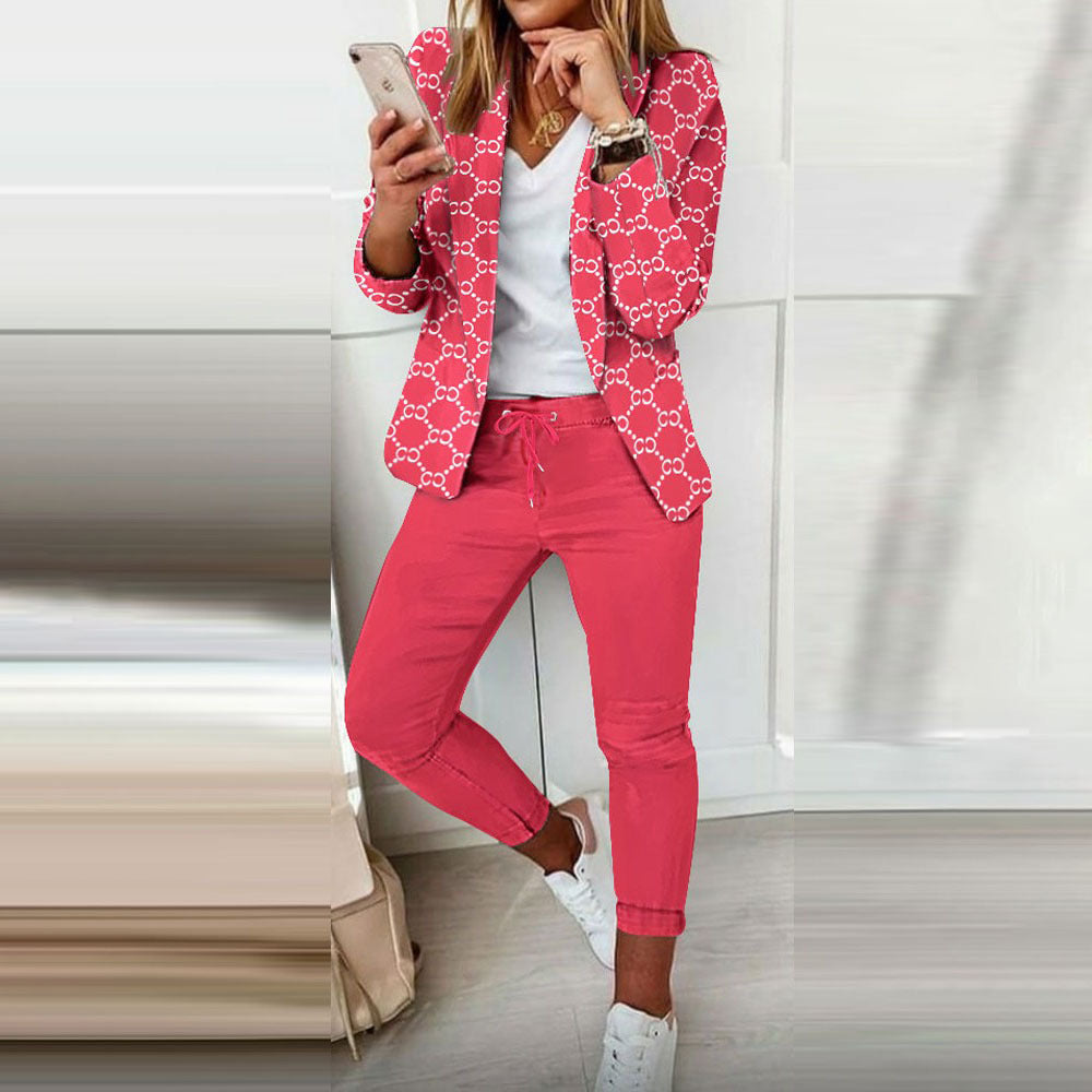 Autumn Winter Fashion Printed Long Sleeve Casual Blazer Pants Career Women Two Piece Suit 14