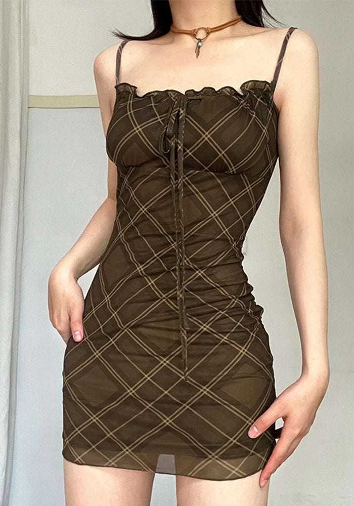 Plaid Mesh Patchwork  Strap Mini Dress