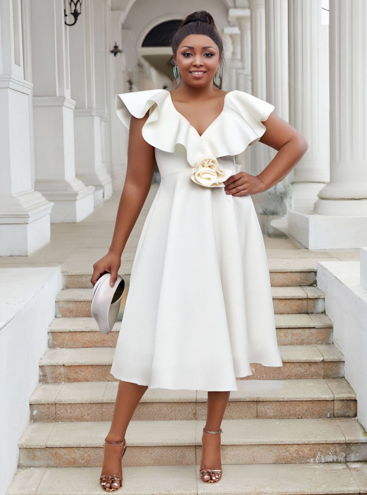 Women Plus Size V-Neck Ruffle Flower Formal Party Dress 9