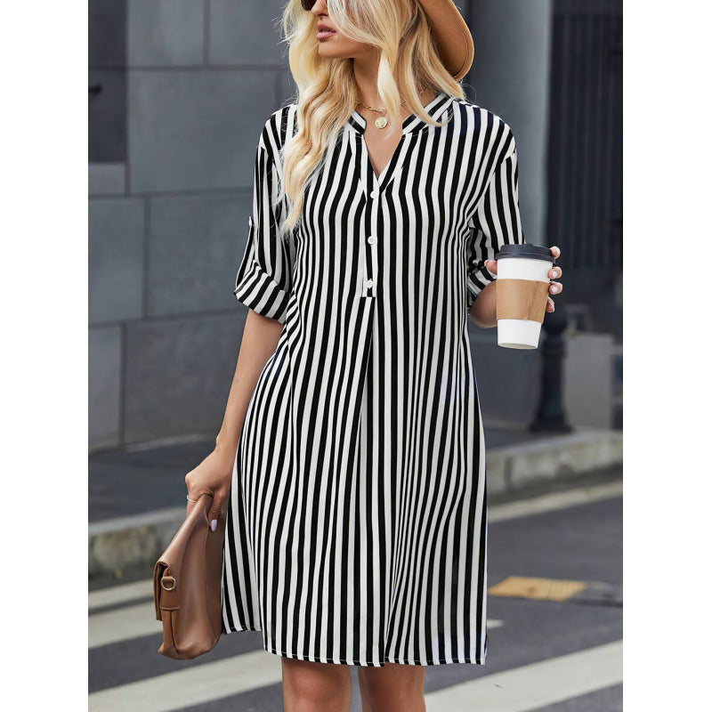 Women striped long-sleeved V-neck shirt dress 4