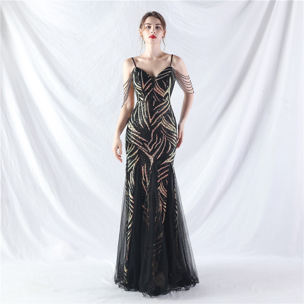 Sequin Patchwork Mesh strap luxury evening dress 3