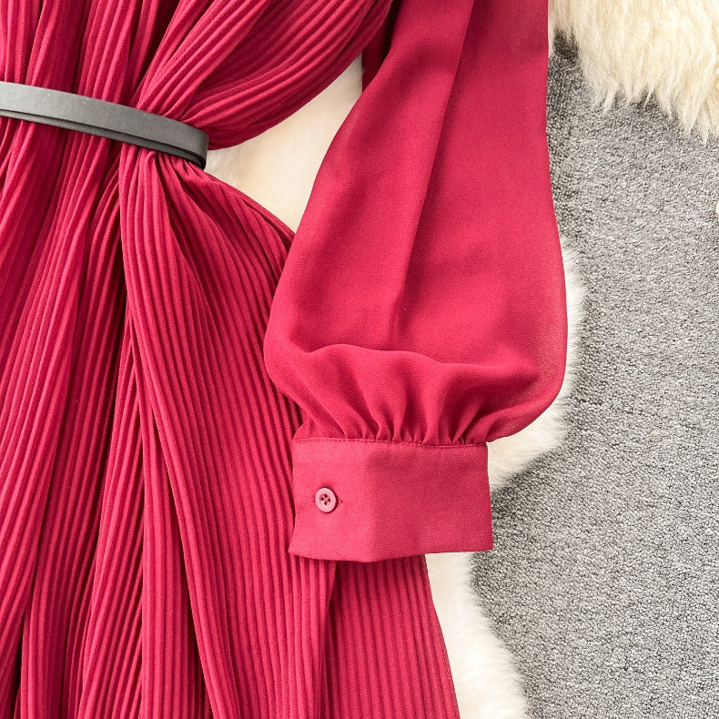 Spring Women's Bow Pleated Chiffon Puff Sleeve Long Dress 12