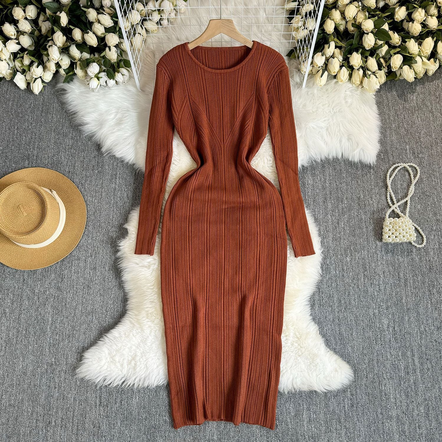 Autumn Solid Color Women Sexy Ribbed Slim Bodycon Knitting Dress 5