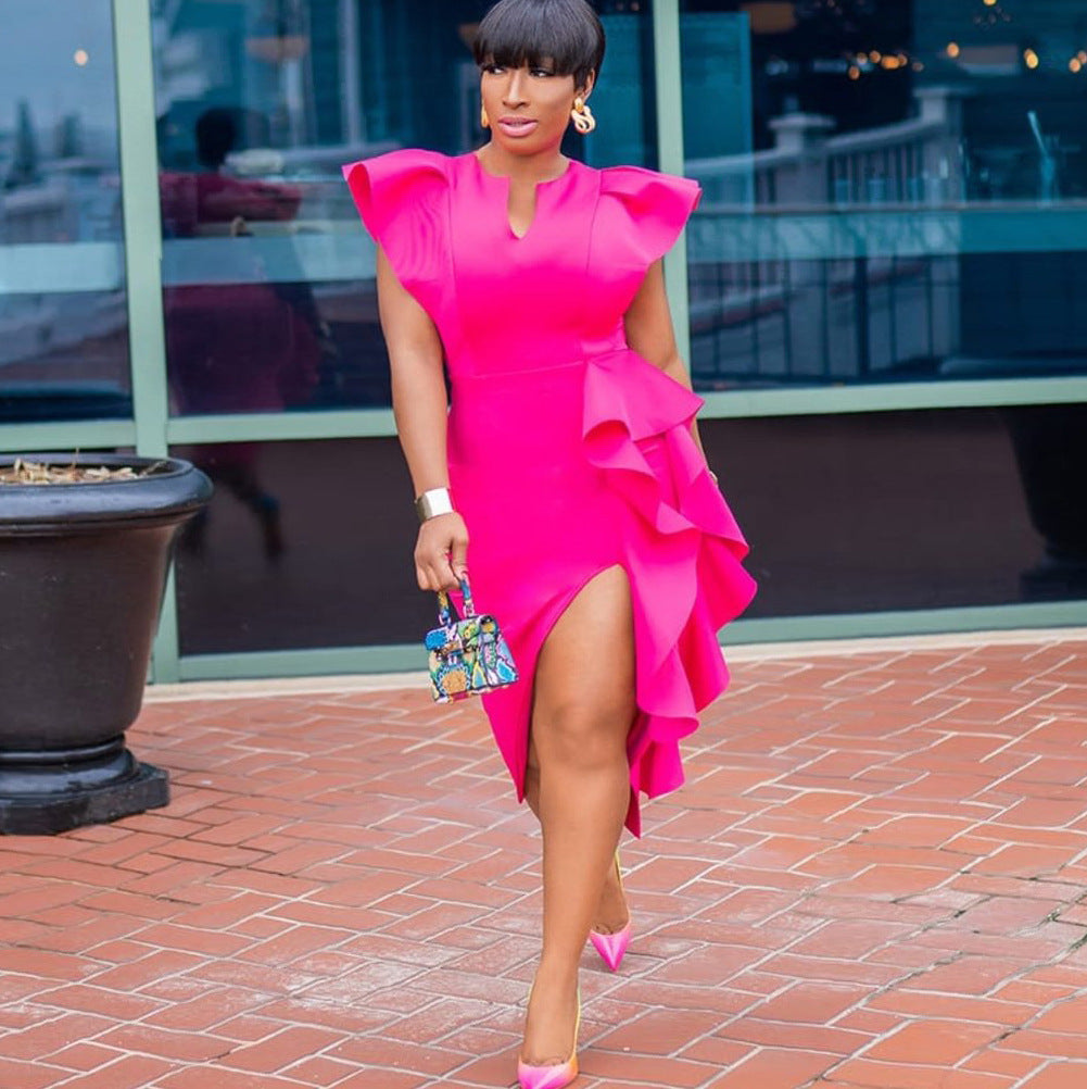 Plus Size Women Solid Irregular Slit Formal Party Dress 9