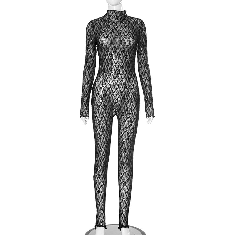 Women High Neck Lace Sexy Hollow See-Through Fishnet Zipper Jumpsuit 6