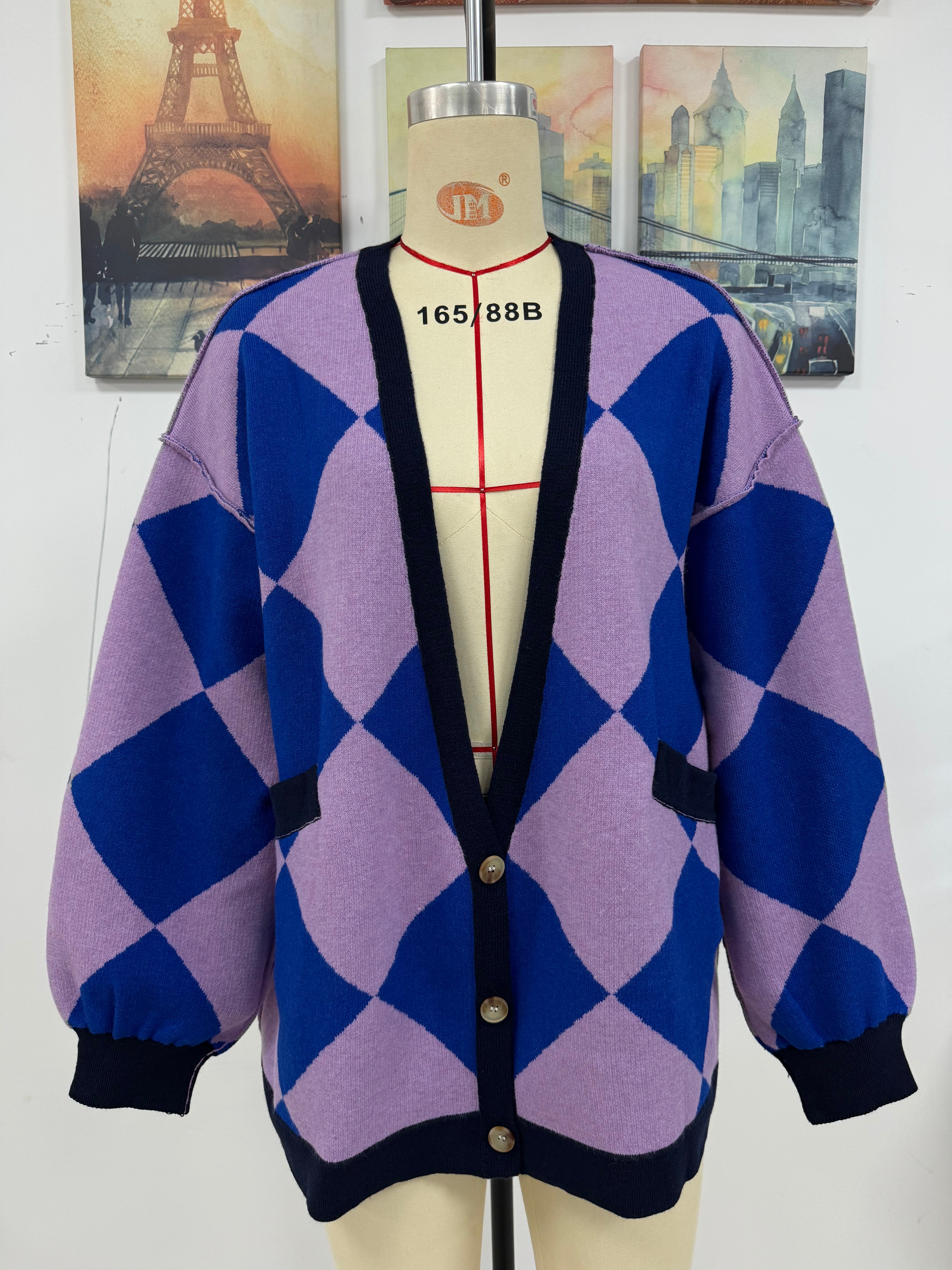 Women Autumn Winter V-Neck Diamond Patchwork Contrast Color Loose Knitting Cardigan Sweater 7