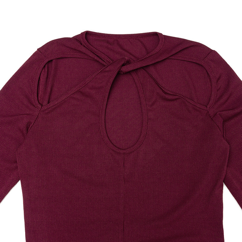 Women Round Neck Cut-Out Knot Long-Sleeved Solid Bodycon Dress 9