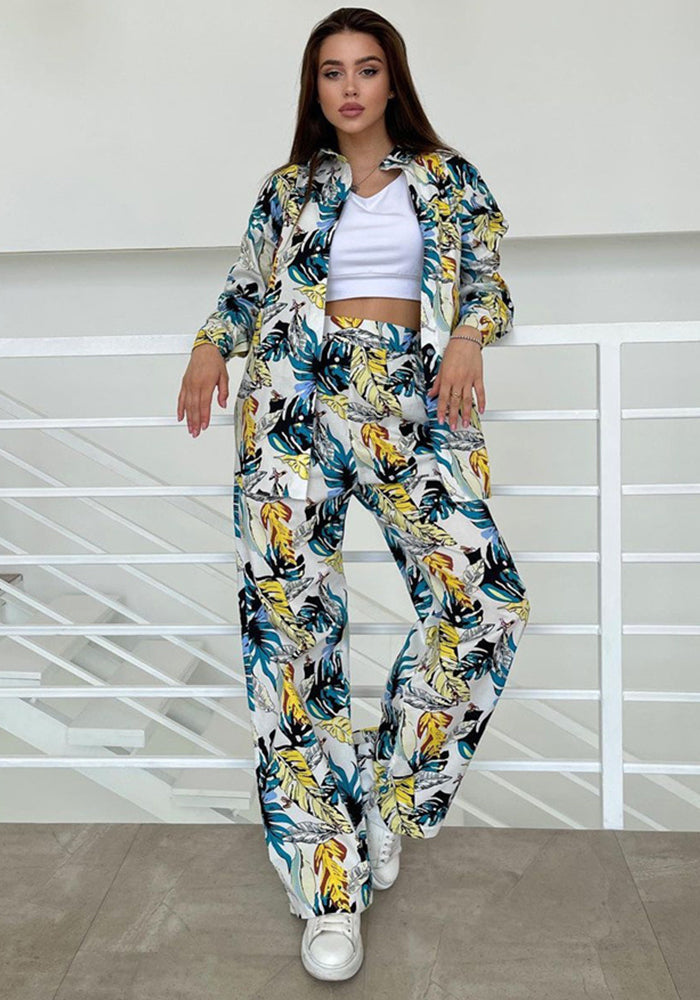 Autumn Fashion Floral Print Plus Size Loose Top High Waisted Wide Leg Pants Women Casual Suit