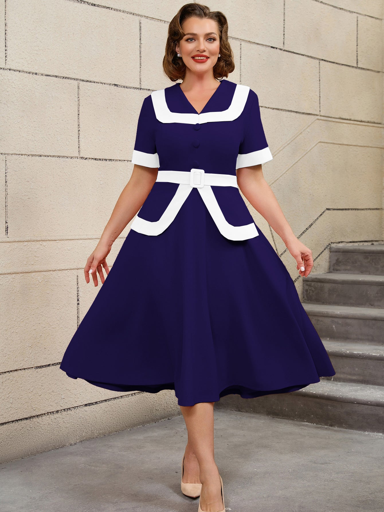 High-Waist Contrast Color A-Line Plus Size Formal Party Cocktail Dress 3