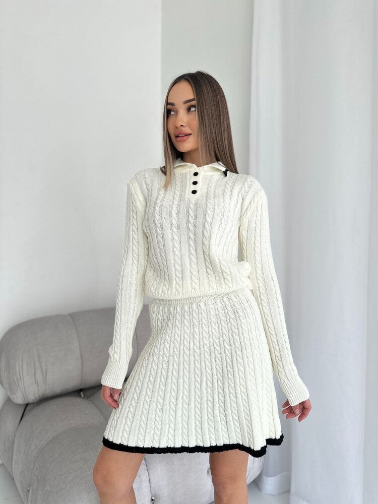 Women Casual long-sleeved knitting button sweater Skirt two-piece suit 4