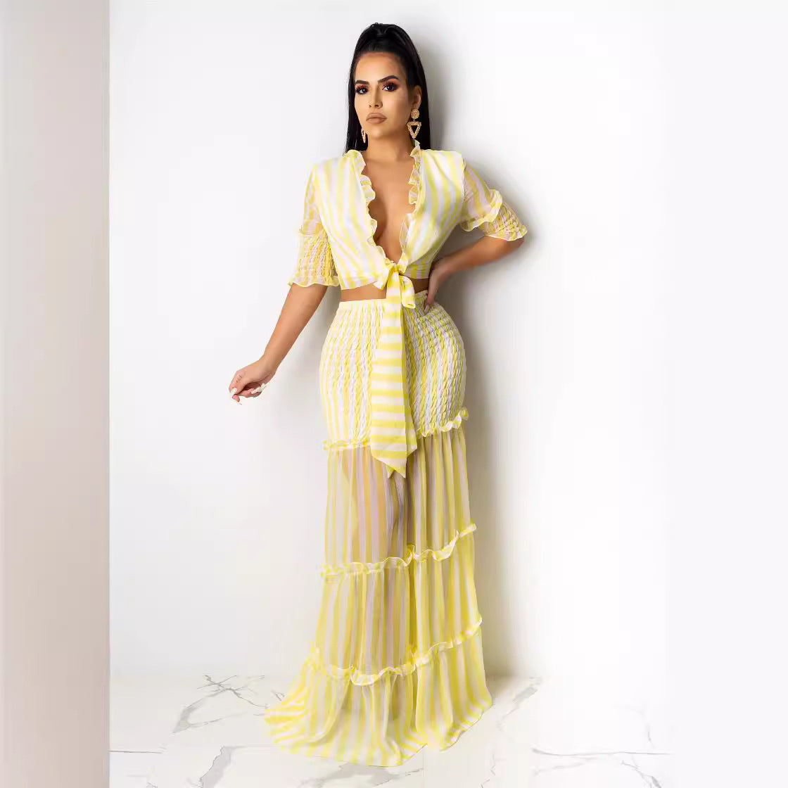 Women striped chiffon print Top and Skirt two-piece set