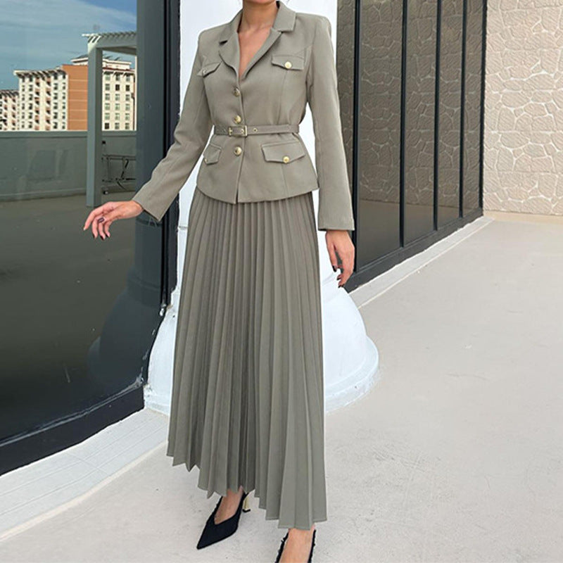 Women Button Blazer and Pleated Skirt Two Piece Set 11