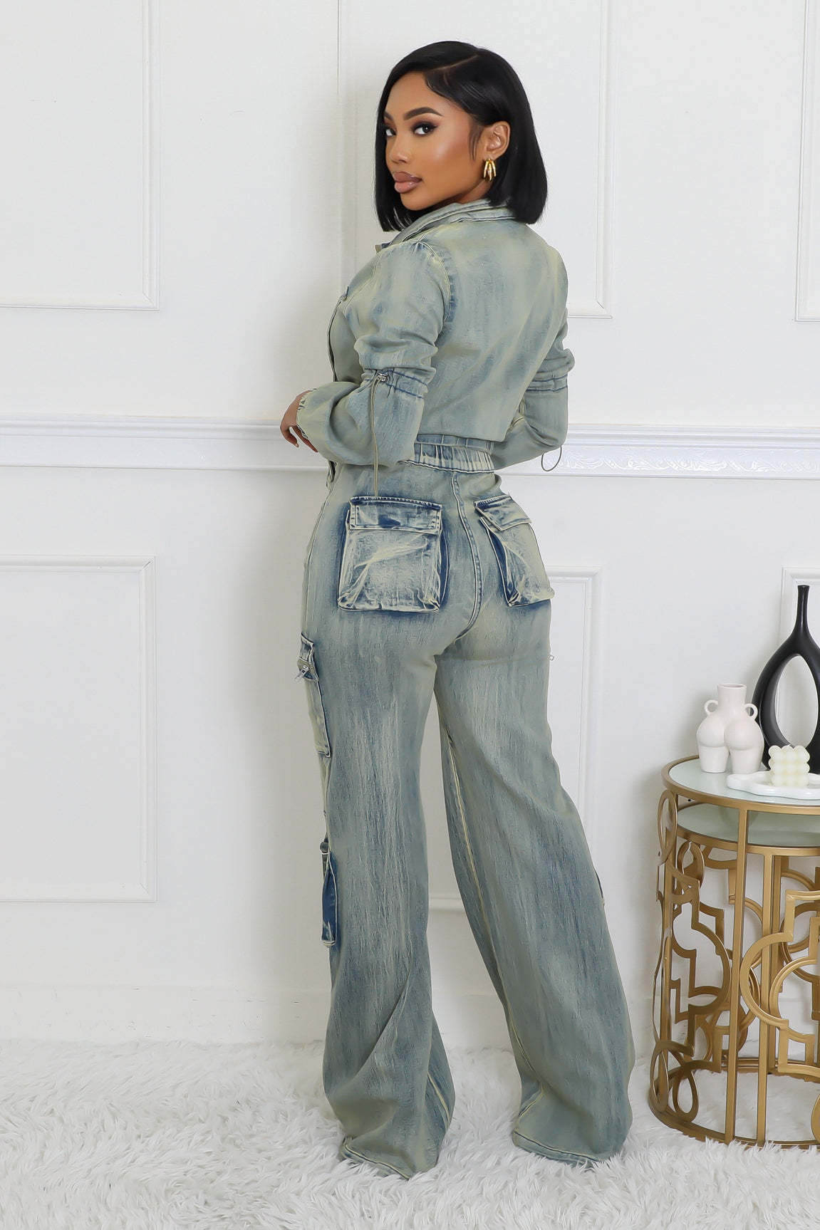 Women's Fashion Sexy Multi-Pocket Washed Denim Casual Top Pants Two-Piece Set 5