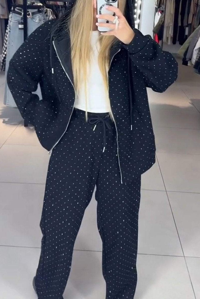Women Autumn Winter Zipper Beaded Casual Hooded Hoodies Wide-Leg Pants Two-Piece Sports Suit 6